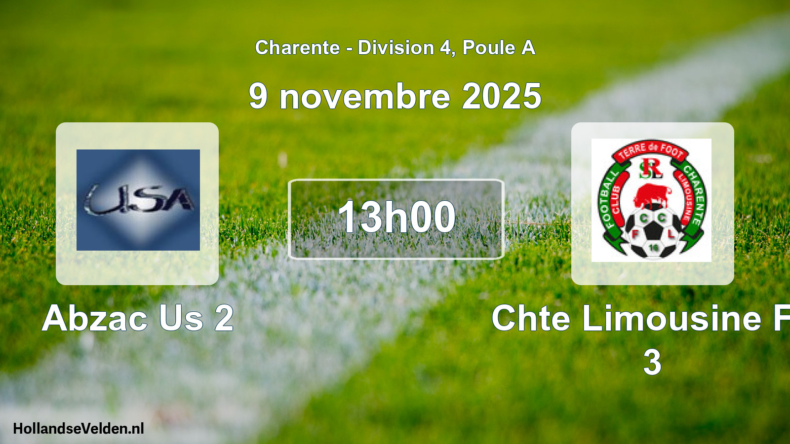 Geplande wedstrijd: Abzac Us 2 - Chte Limousine Fc 3 (9 november 2025)