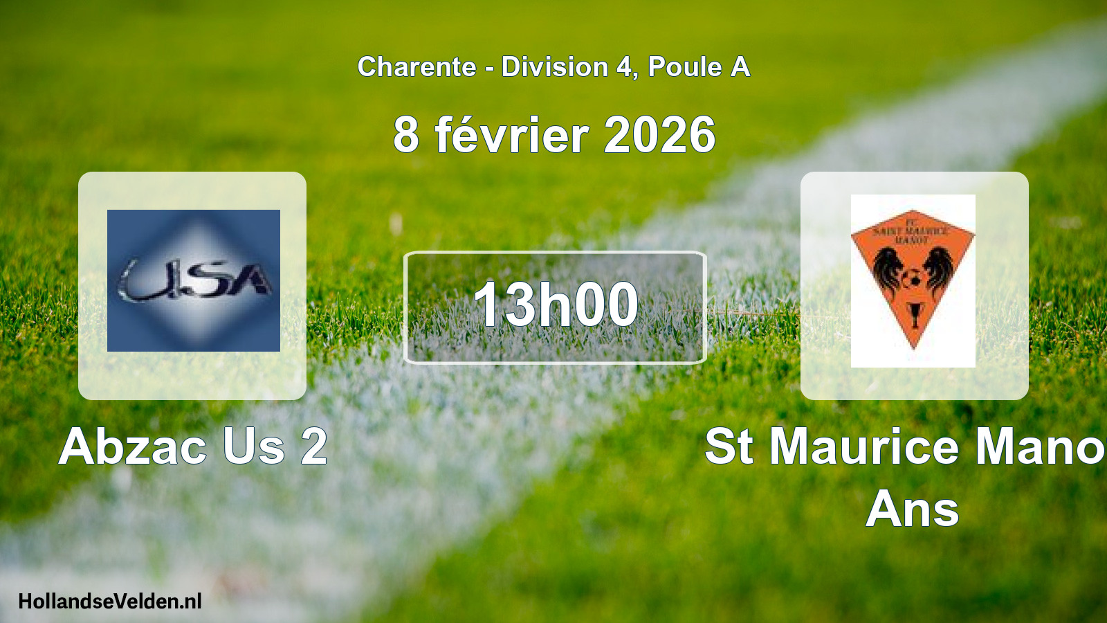 Geplande wedstrijd: Abzac Us 2 - St Maurice Manot Ans (8 février 2026)