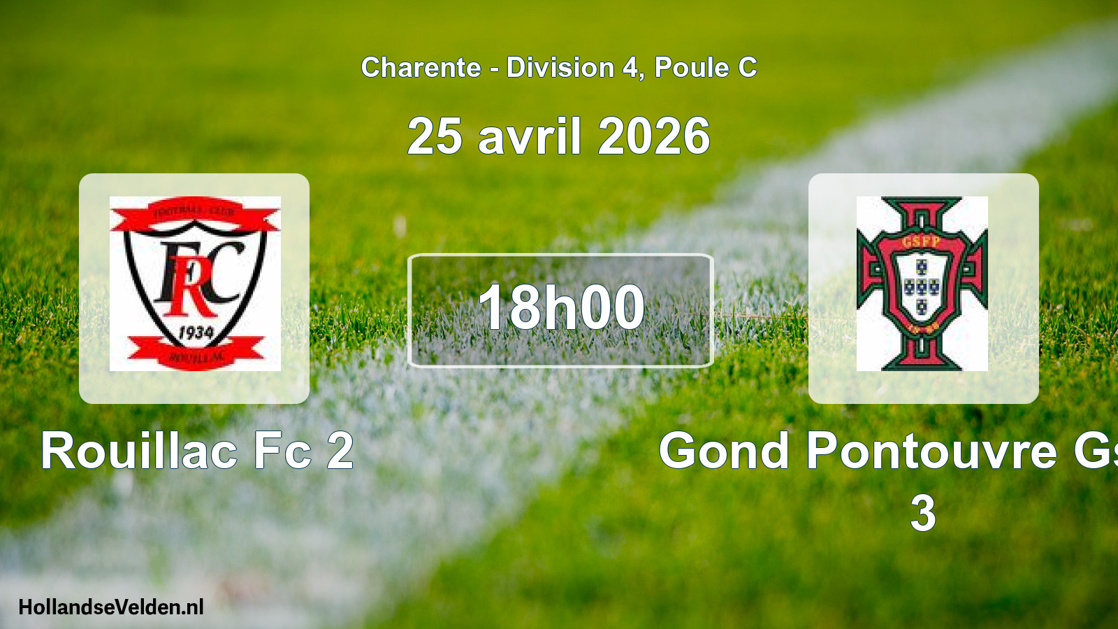 Geplande wedstrijd: Rouillac Fc 2 - Gond Pontouvre Gsfp 3 (25 avril 2026)
