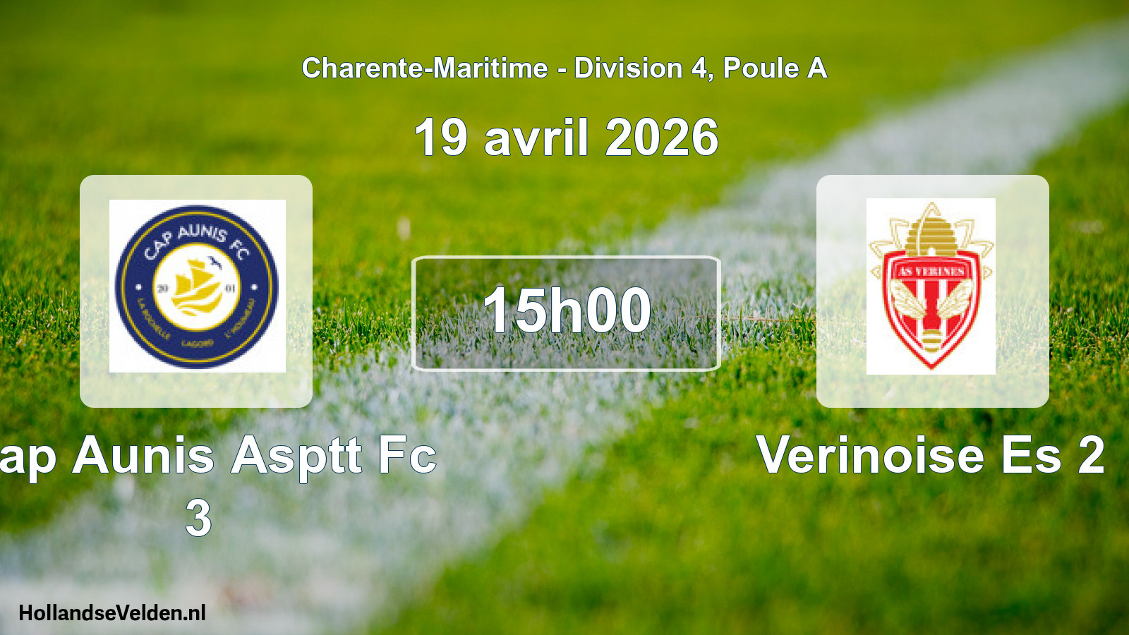 Geplande wedstrijd: Cap Aunis Asptt Fc 3 - Verinoise Es 2 (19 avril 2026)
