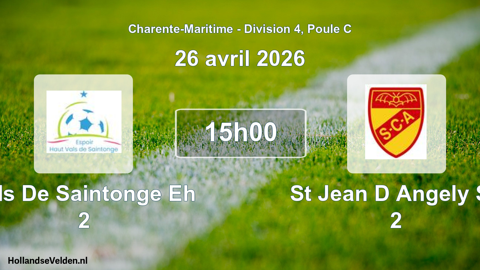 Geplande wedstrijd: Vals De Saintonge Eh 2 - St Jean D Angely Sc 2 (26 avril 2026)