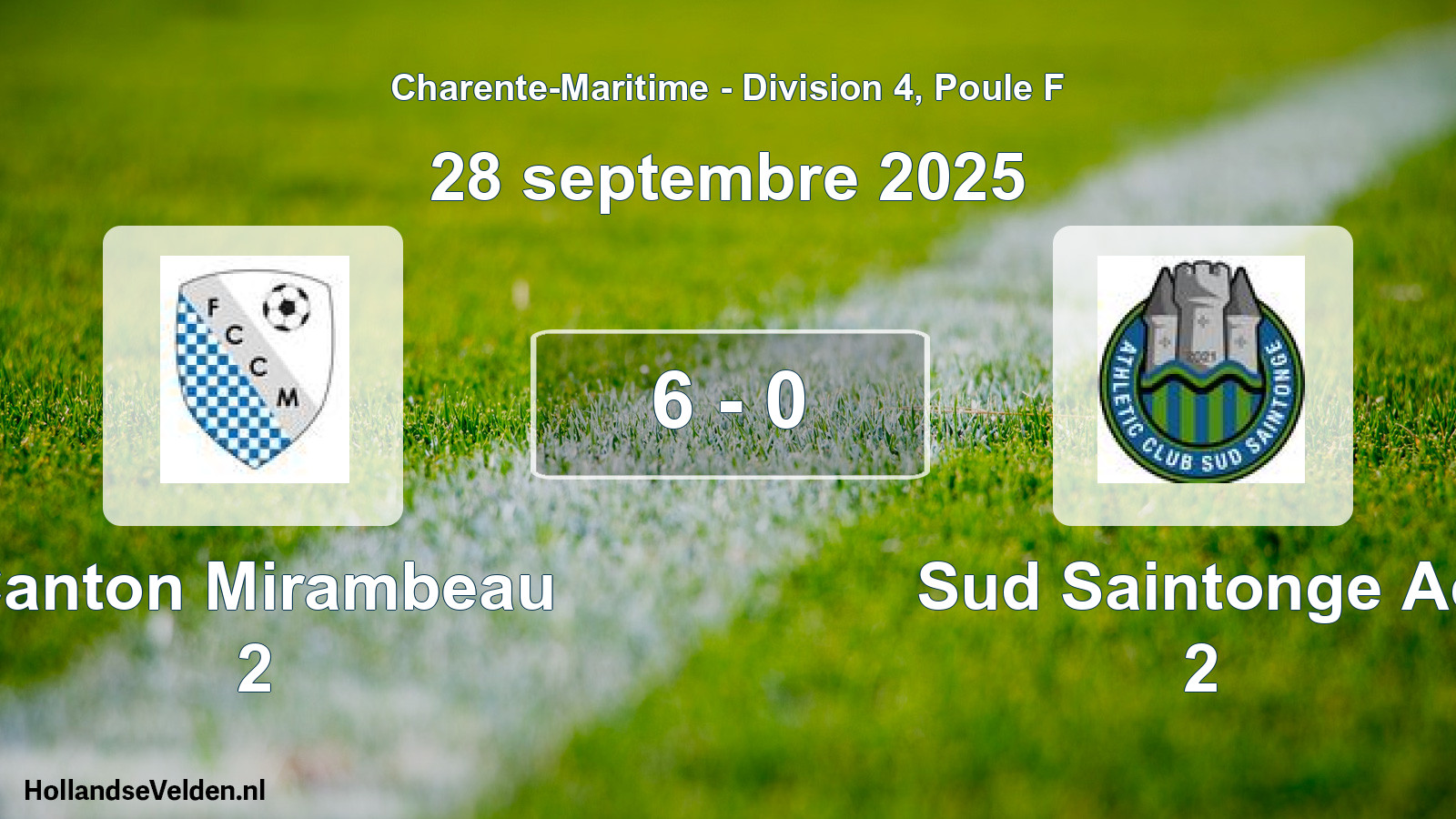 Total number of matches played: Canton Mirambeau 2 - Sud Saintonge Ac 2 6 - 0 (28 September 2025)