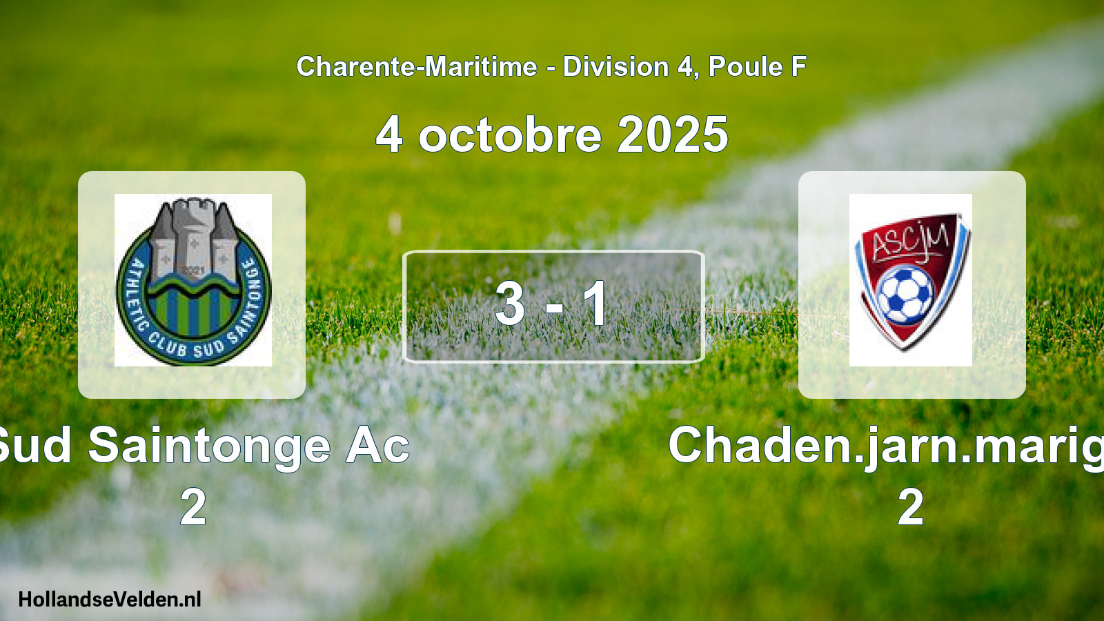Gespeelde wedstrijd: Sud Saintonge Ac 2 - Chaden.jarn.marign. 2 3 - 1 (4 octobre 2025)