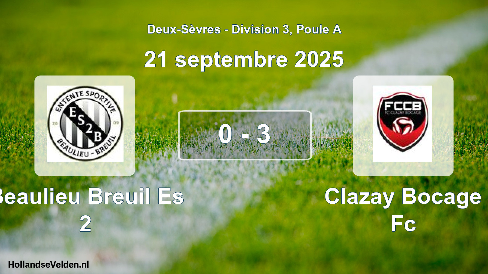 Gespeelde wedstrijd: Beaulieu Breuil Es 2 - Clazay Bocage Fc 0 - 3 (21 septembre 2025)