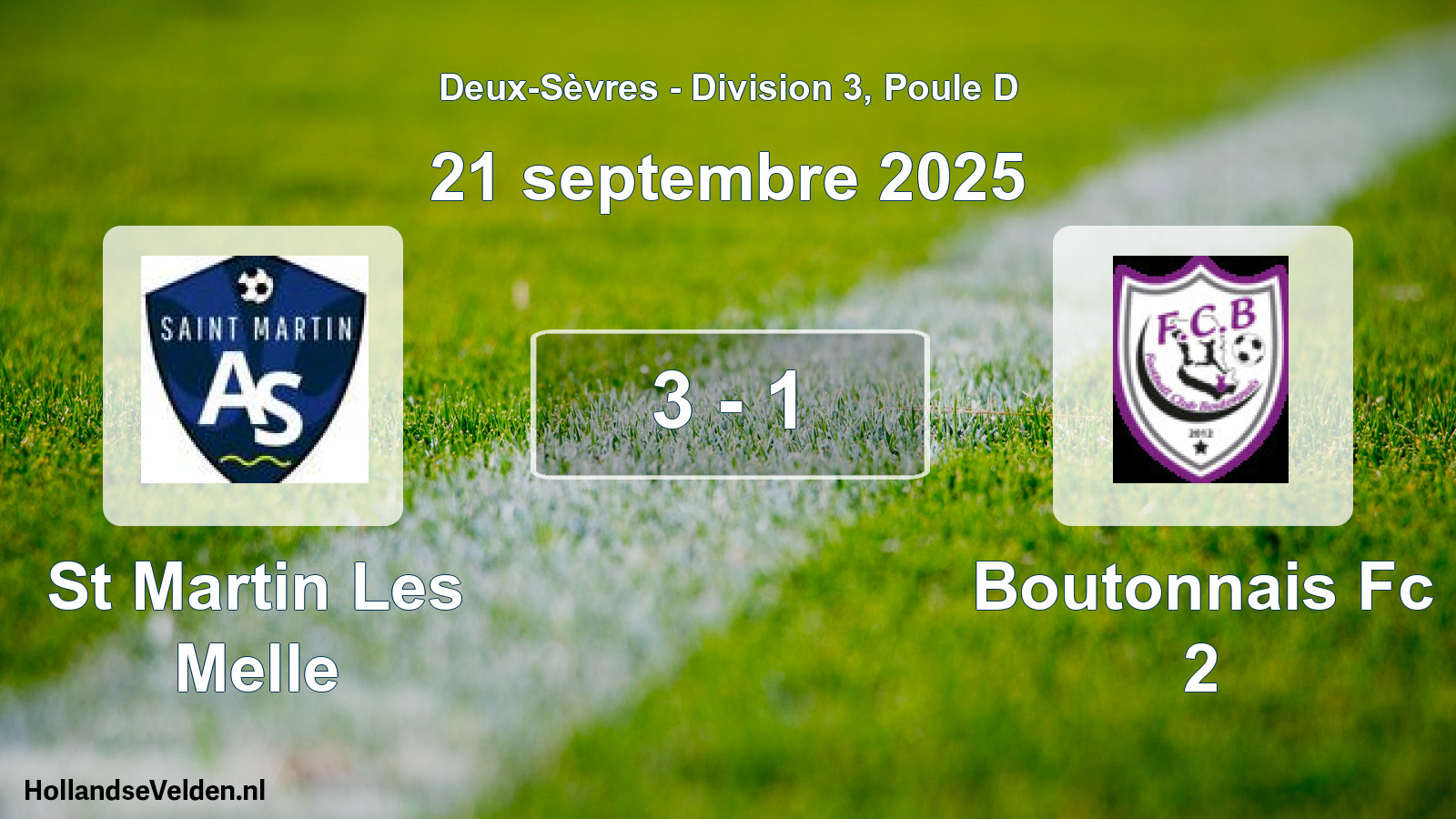 Gespeelde wedstrijd: St Martin Les Melle - Boutonnais Fc 2 3 - 1 (21 septembre 2025)