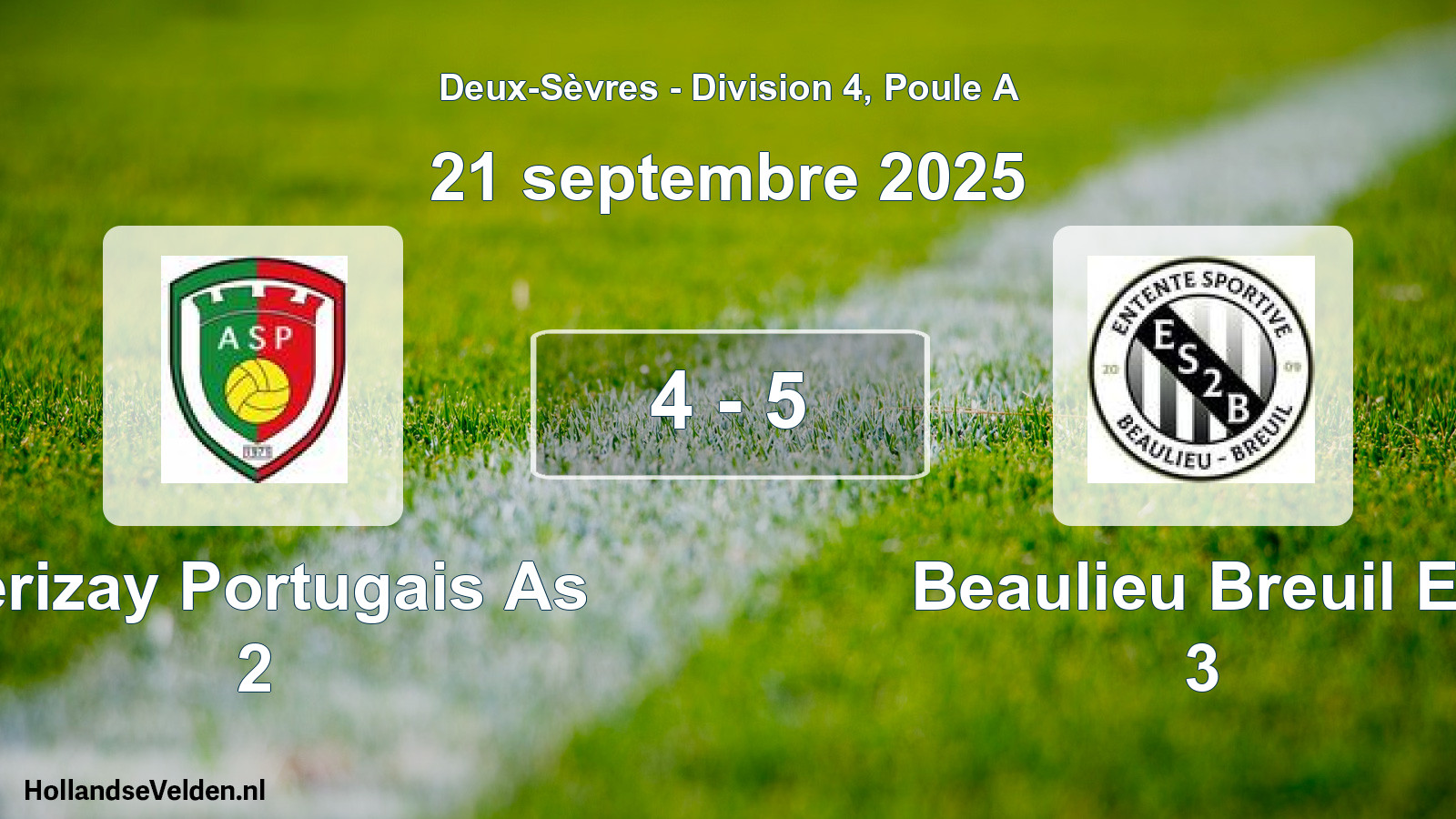 Gespeelde wedstrijd: Cerizay Portugais As 2 - Beaulieu Breuil Es 3 4 - 5 (21 septembre 2025)