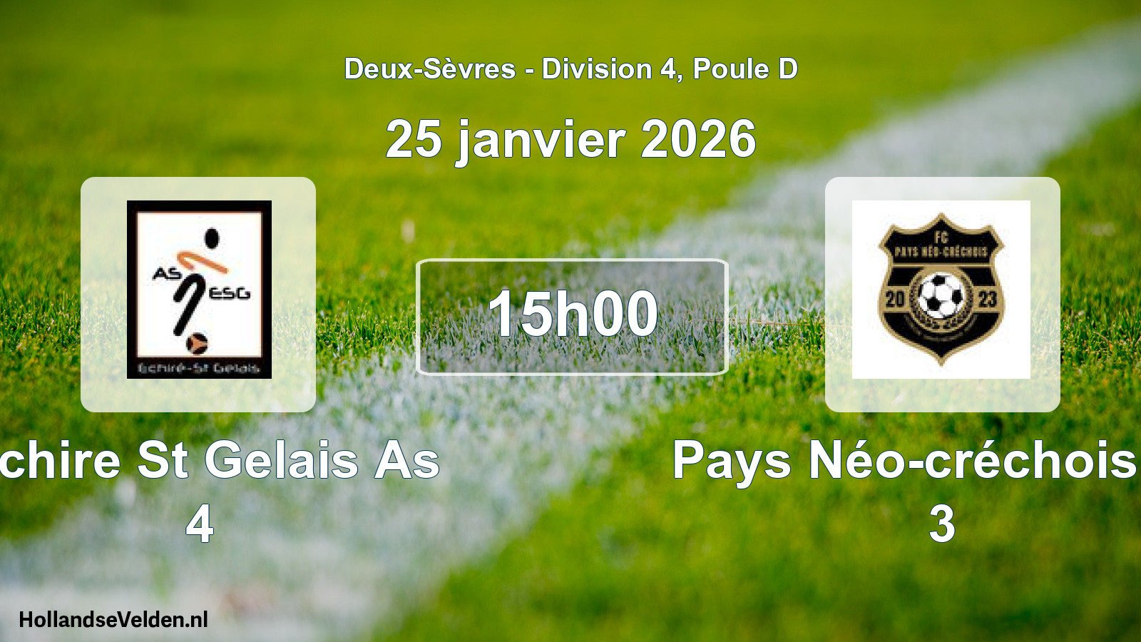 Geplande wedstrijd: Echire St Gelais As 4 - Pays Néo-créchois Fc 3 (25 janvier 2026)