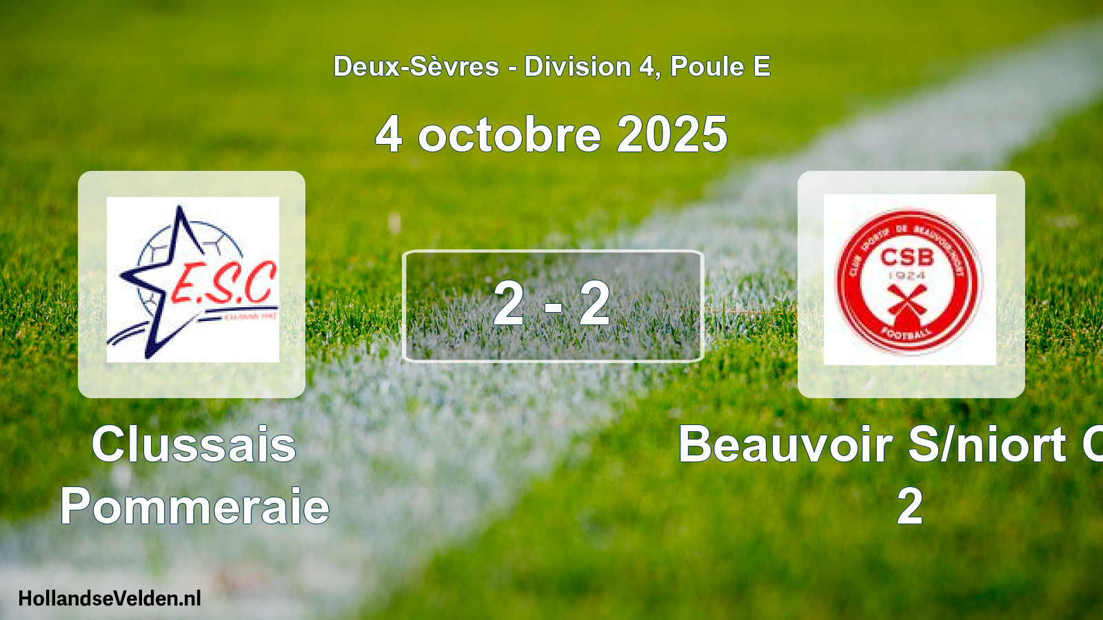 Gespeelde wedstrijd: Clussais Pommeraie - Beauvoir S/niort Cs 2 2 - 2 (4 octobre 2025)