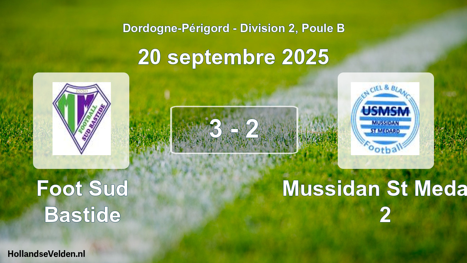 Total number of matches played: Foot Sud Bastide - Mussidan St Medard 2 3 - 2 (20 September 2025)