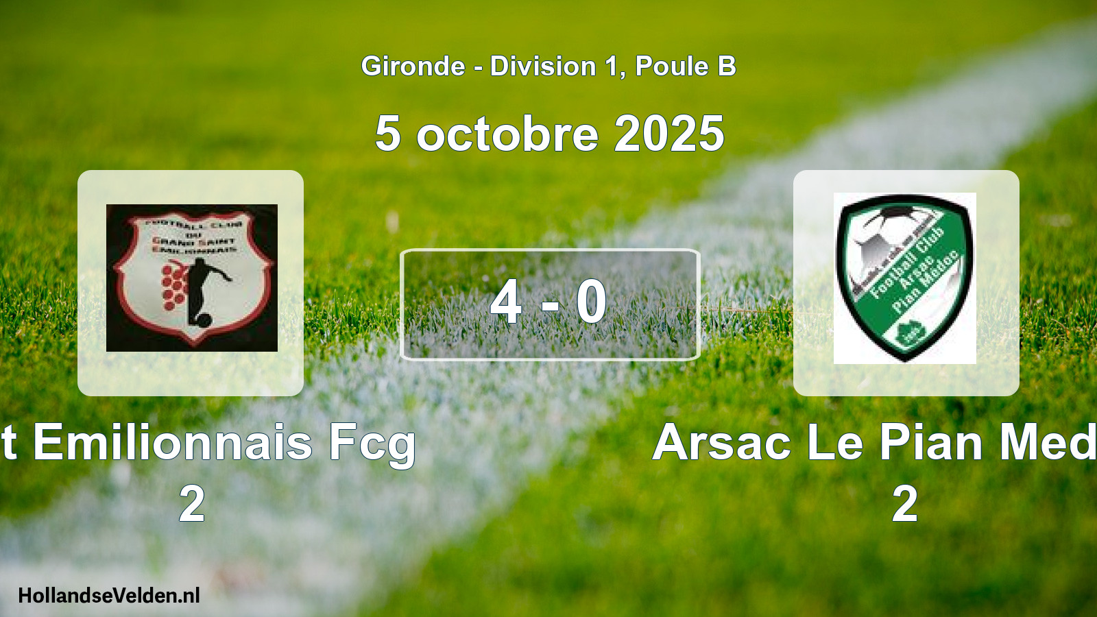 Gespeelde wedstrijd: St Emilionnais Fcg 2 - Arsac Le Pian Medoc 2 4 - 0 (5 octobre 2025)