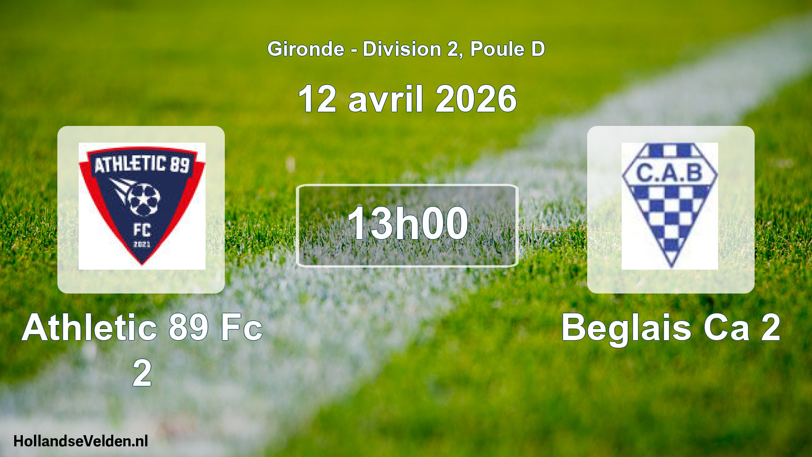 Geplande wedstrijd: Athletic 89 Fc 2 - Beglais Ca 2 (12 avril 2026)
