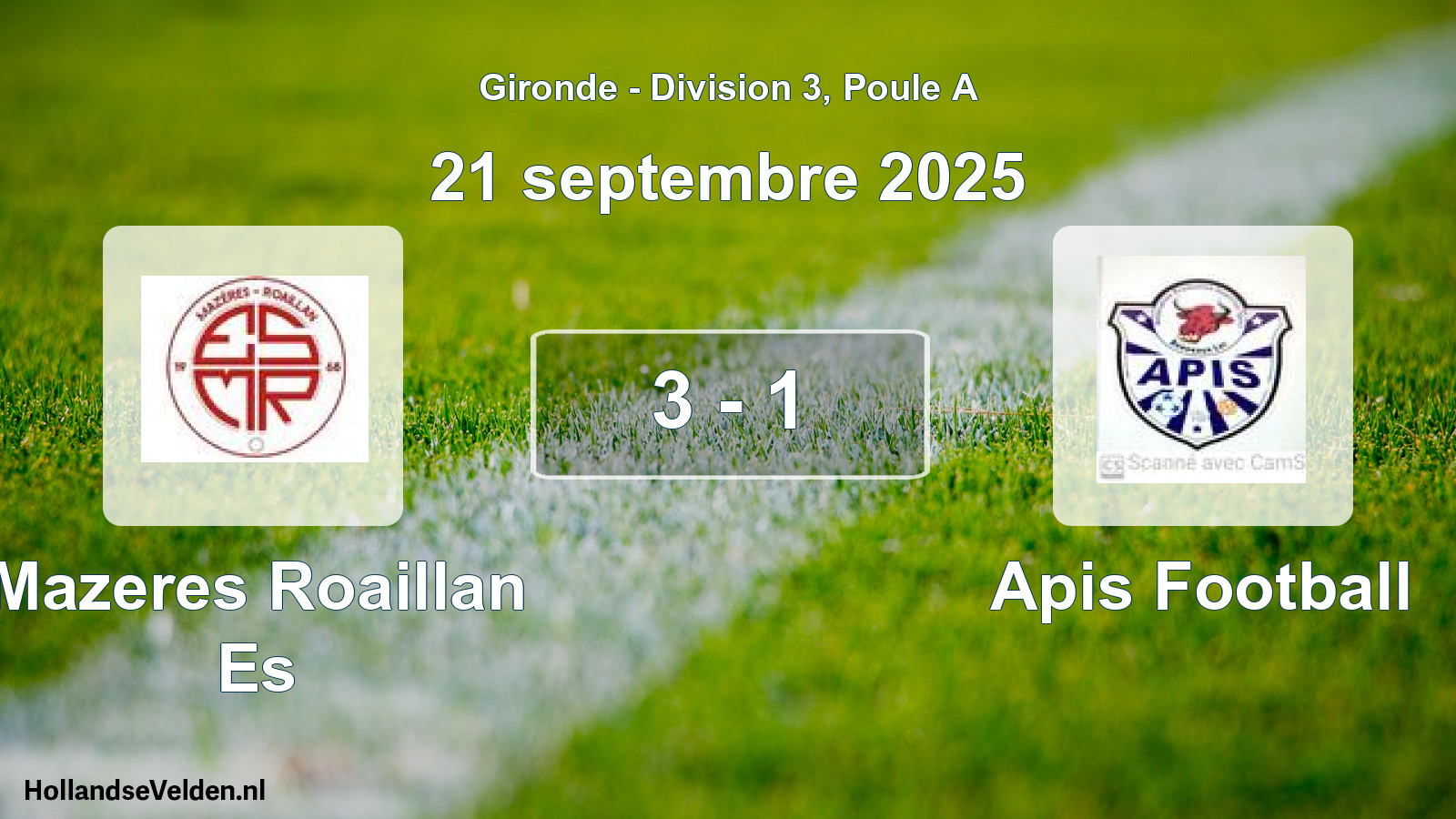Total number of matches played: Mazeres Roaillan Es - Apis Football 3 - 1 (21 September 2025)