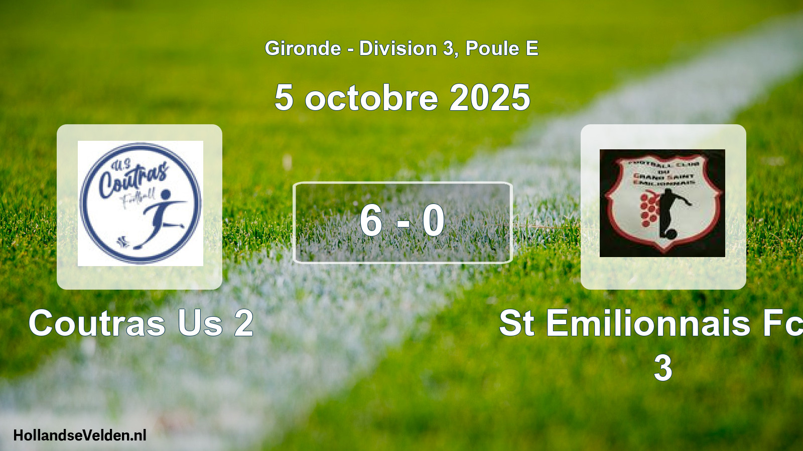 Total number of matches played: Coutras Us 2 - St Emilionnais Fcg 3 6 - 0 (5 October 2025)
