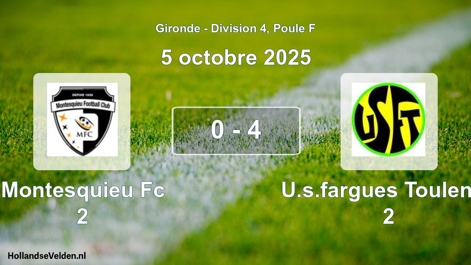 Gespeelde wedstrijd: Montesquieu Fc 2 - U.s.fargues Toulenne 2 0 - 4 (5 octobre 2025)