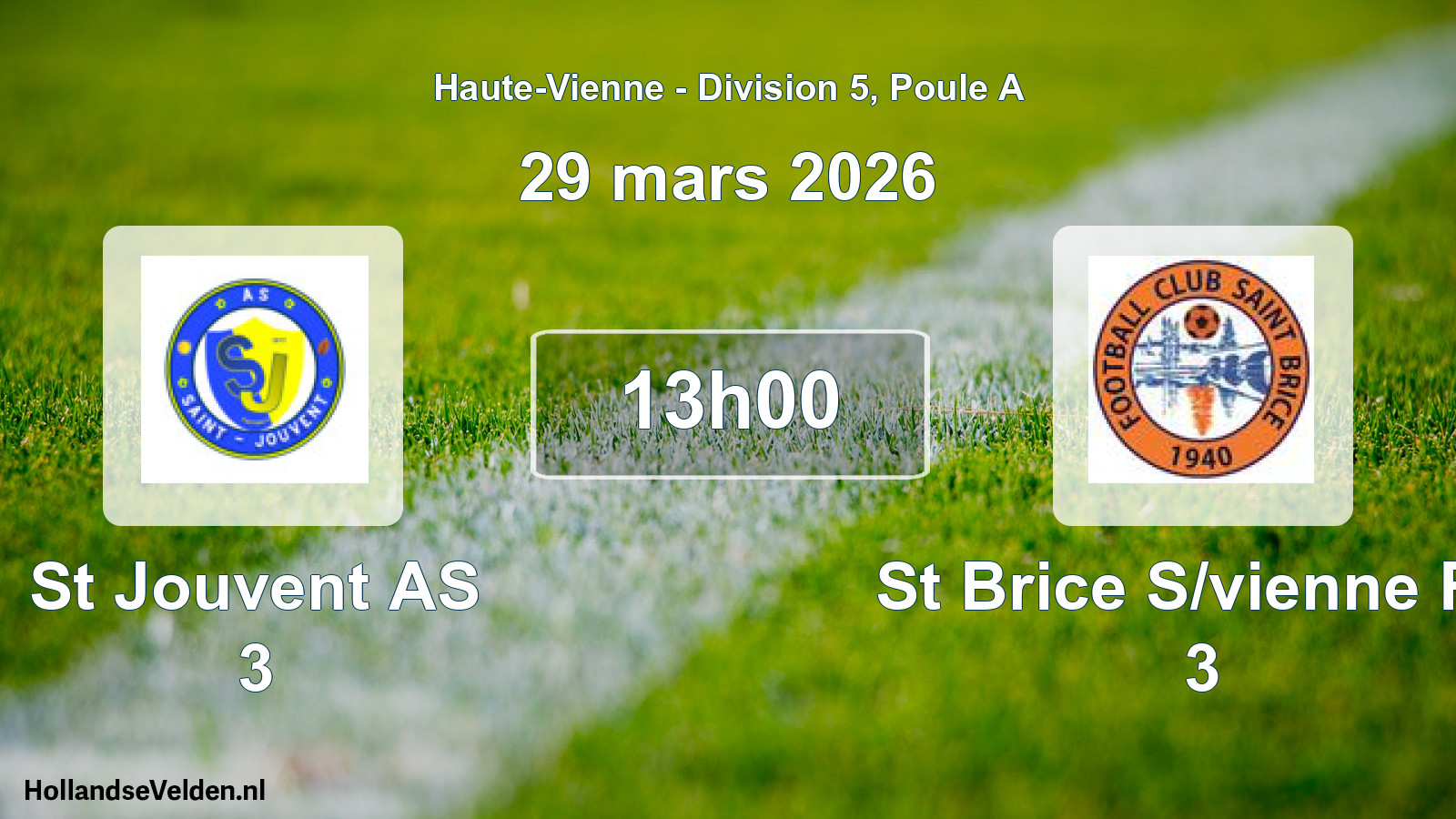 Match programmé: St Jouvent AS 3 - St Brice S/vienne FC 3 (29 mars 2026)