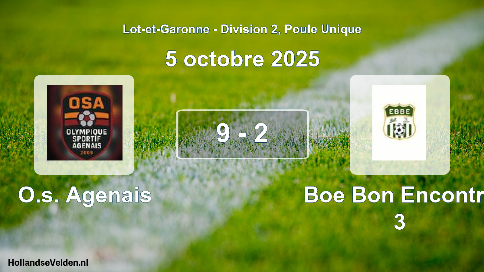 Gespeelde wedstrijd: O.s. Agenais - Boe Bon Encontre 3 9 - 2 (5 octobre 2025)