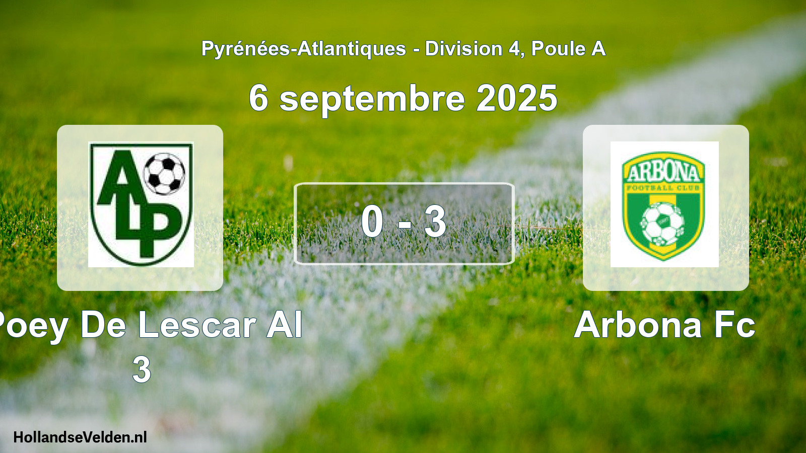 Gespeelde wedstrijd: Poey De Lescar Al 3 - Arbona Fc 0 - 3 (6 septembre 2025)