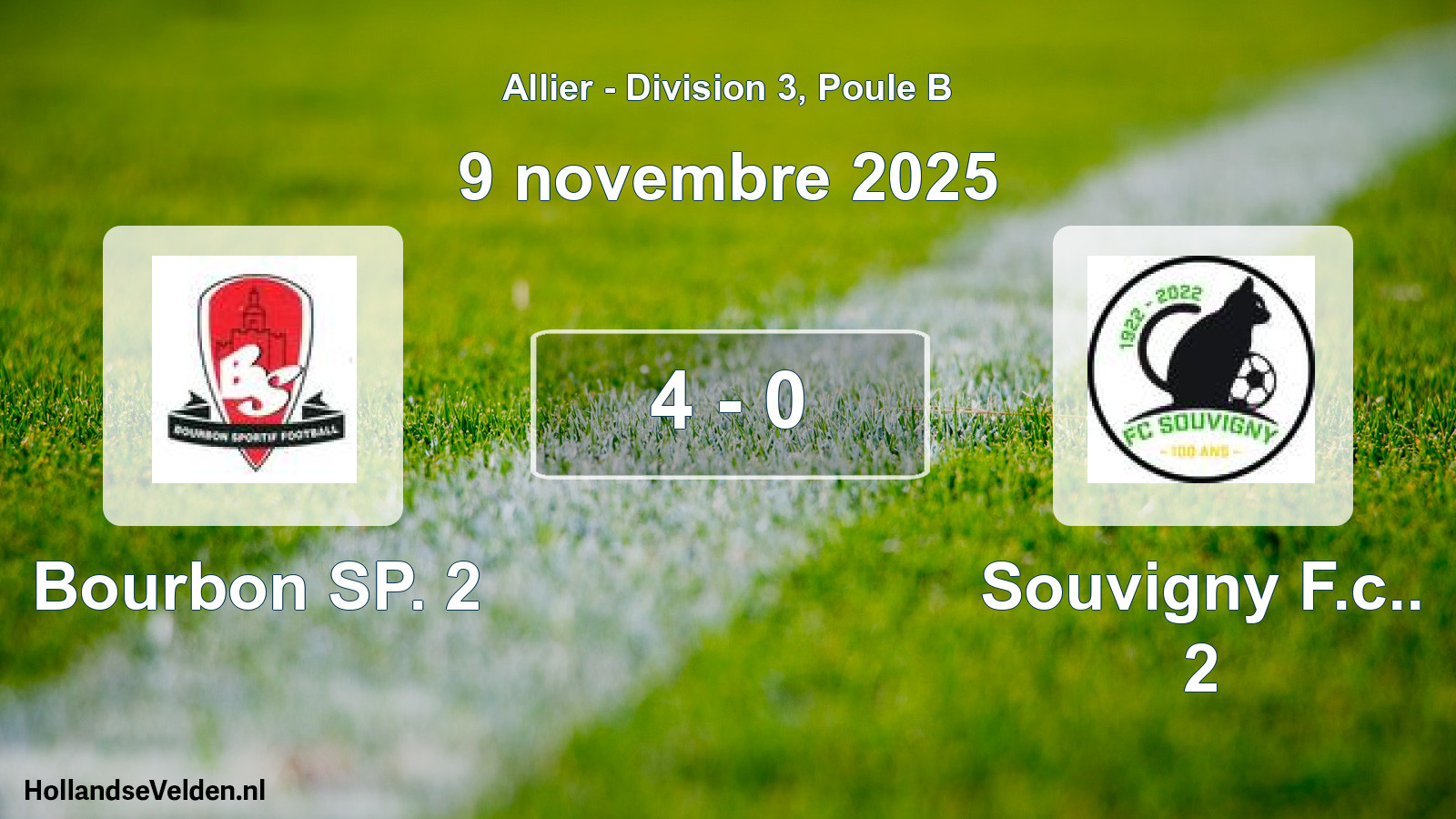 Gespeelde wedstrijd: Bourbon SP. 2 - Souvigny F.c.. 2 4 - 0 (9 november 2025)