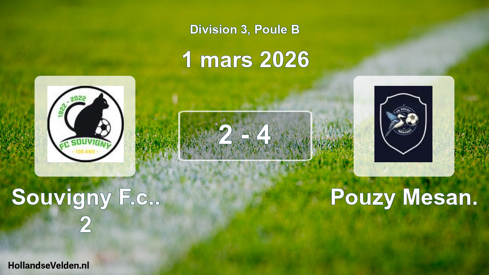Match joué: Souvigny F.c.. 2 - Pouzy Mesan. 2 - 4 (1 mars 2026)